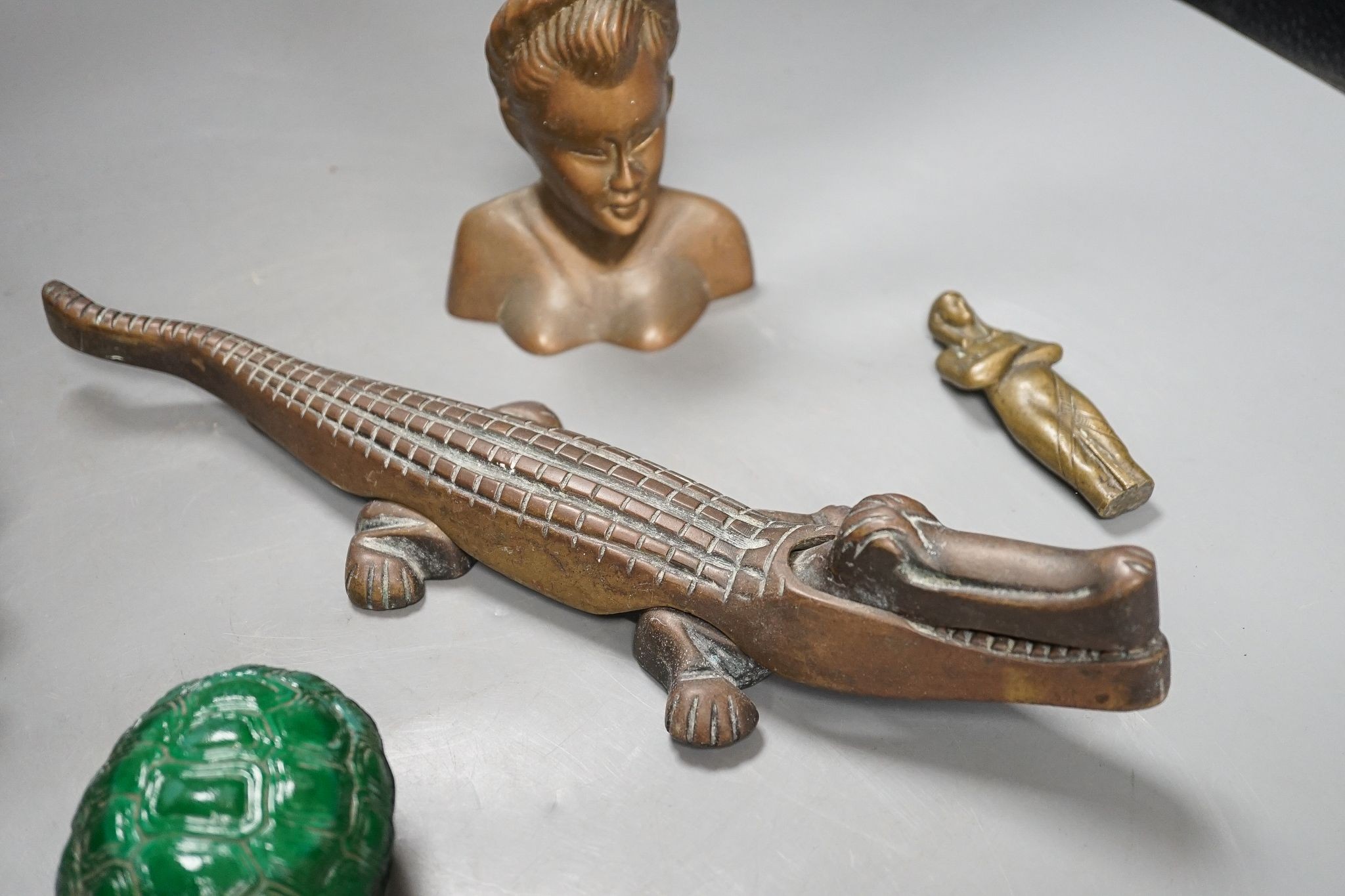 A Bruce Bainsfather Cast brass bottle stopper, 13cm, WMF cruet stand and 7 other items